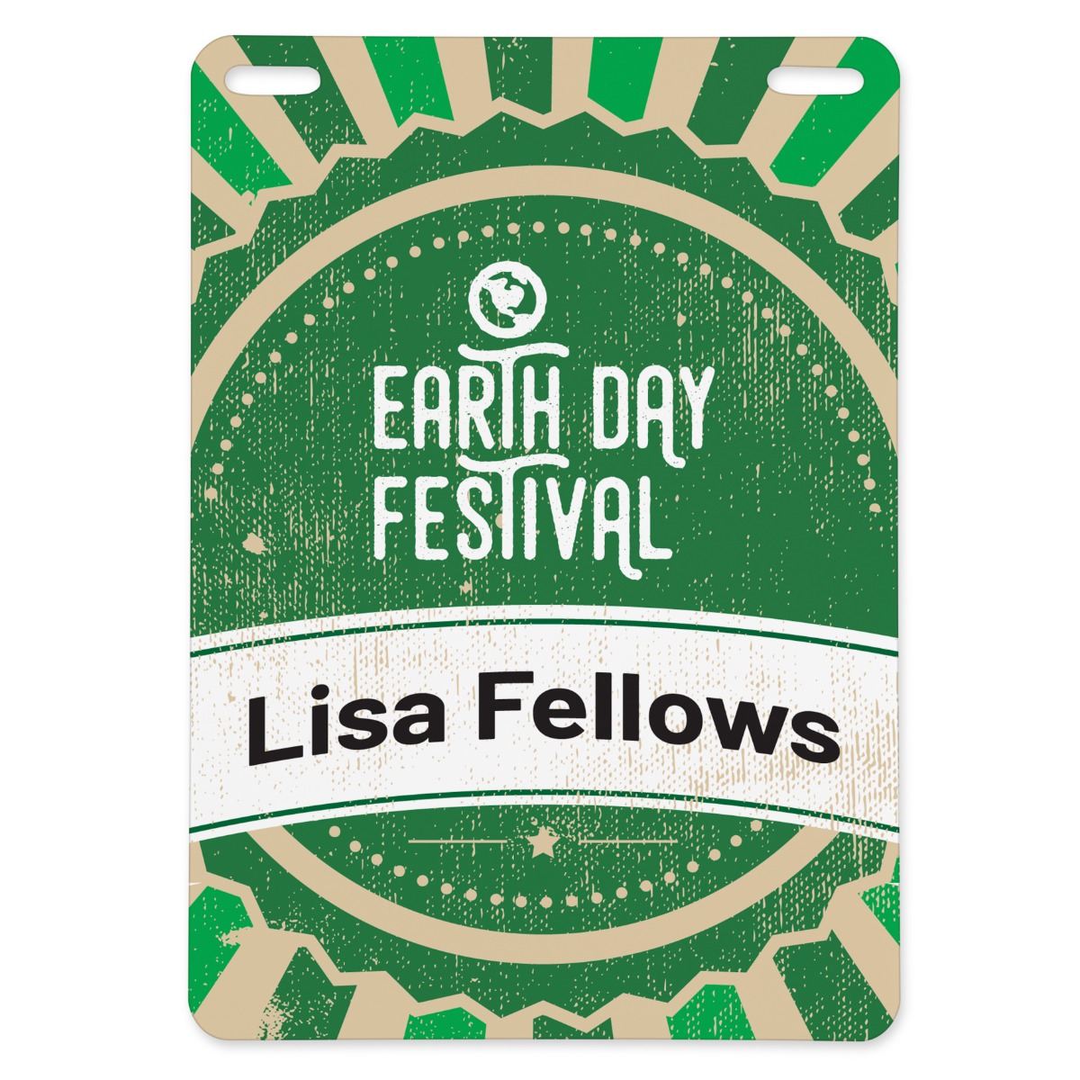 A 100% biodegradable event badge featuring an eco-inspired design for an Earth Day festival