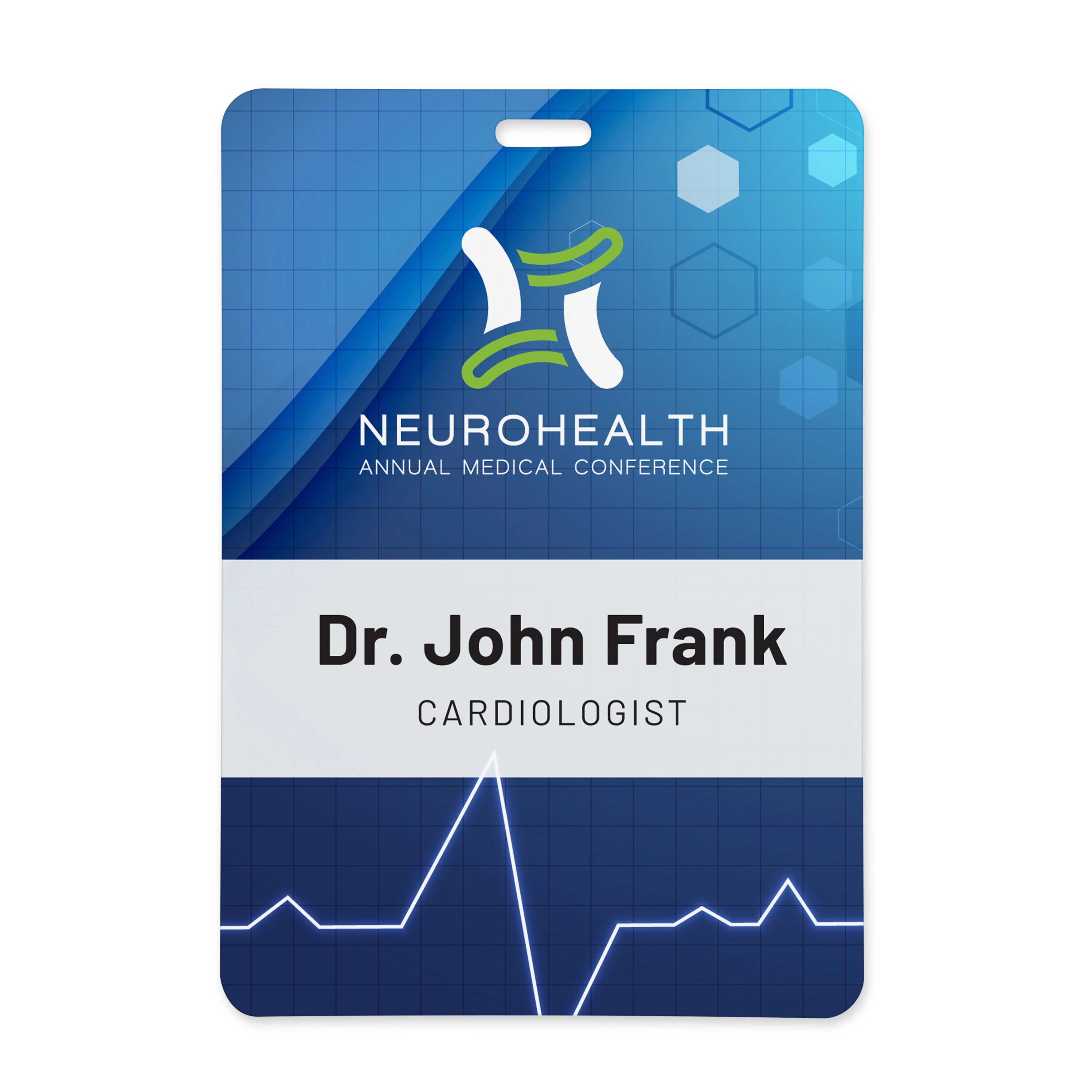 A durable event badge featuring a medical design for a healthcare conference