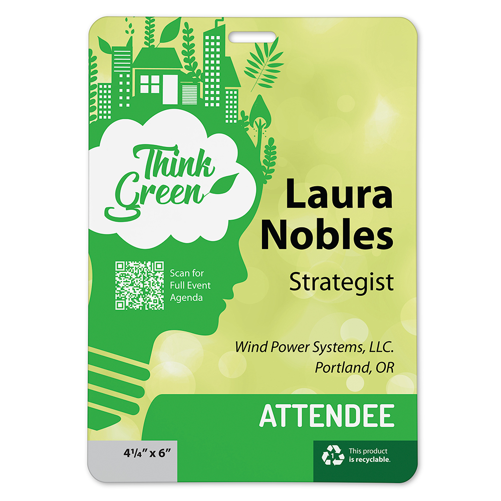 A recyclable, plastic event pass featuring a sustainability-focused design