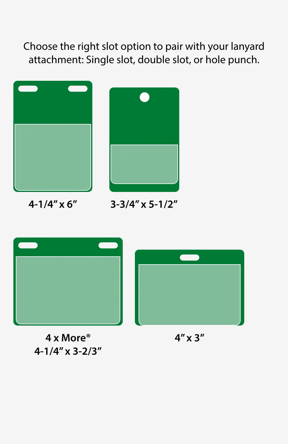 Eco On-site Plastic Event Pass size options featuring 4 combinations of badge and pocket sizes