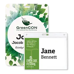 Custom imprint sustainable event badge options in a variety of shapes and sizes for conventions, retreats, festivals, athletic events, meetings 