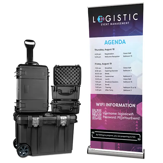  A travel case for event planners and full-color custom pop-up banner displaying the agenda for an event management conference