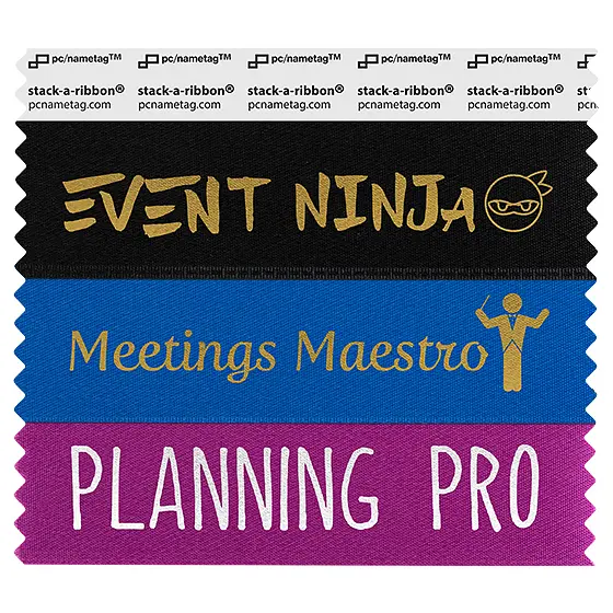 3 stackable, custom badge ribbons in various colors featuring fun artwork for an event management conference 