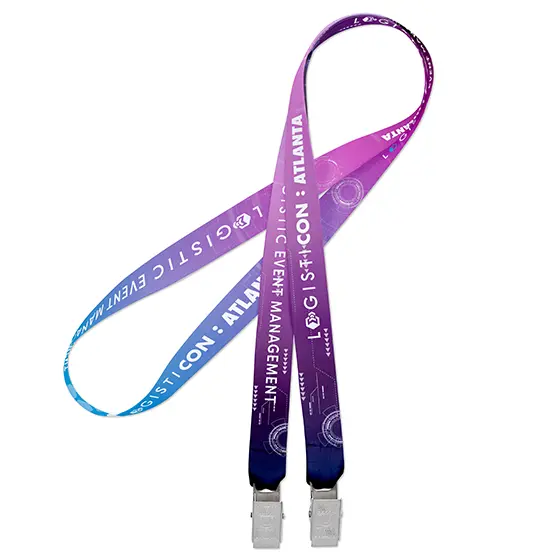 Full-color dye-sublimated lanyard with 2 bulldog clips featuring artwork for an event management conference 