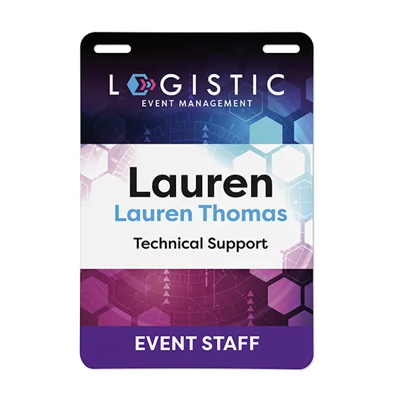 Fully customized event badge with variable data for an event management conference 