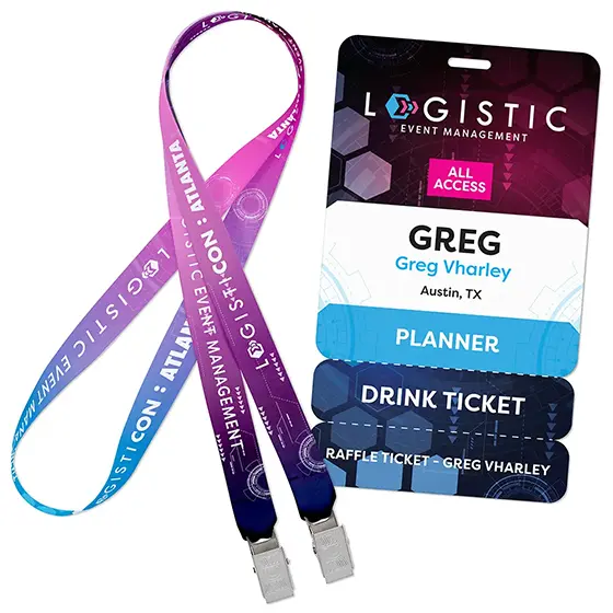 Full-color custom lanyard with matching event badge for an event management conference