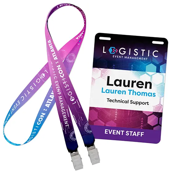 Full-color custom lanyard with matching event badge for an event management conference