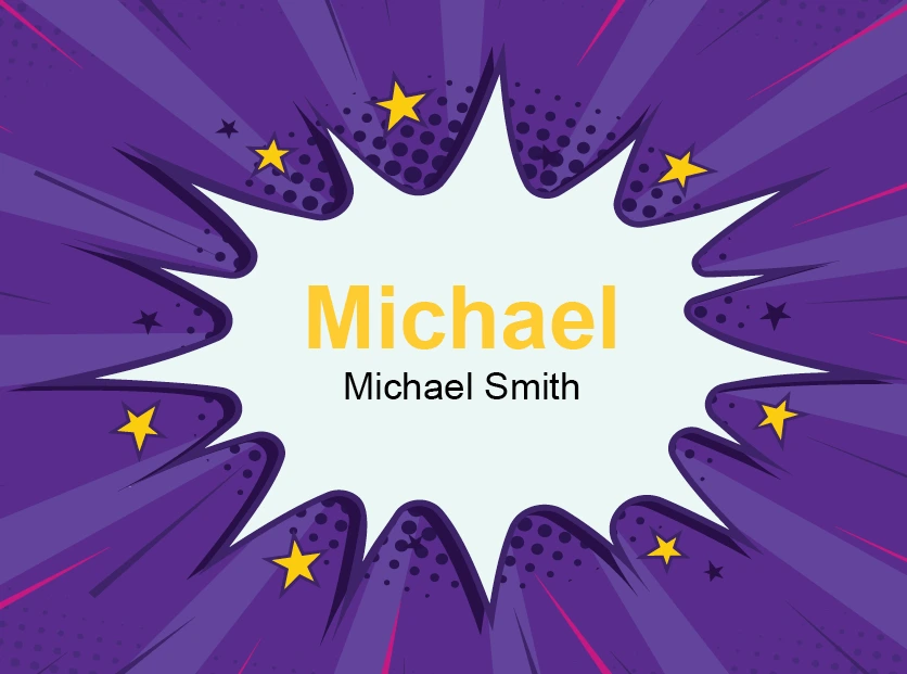 purple comic book POW graphic name tag design