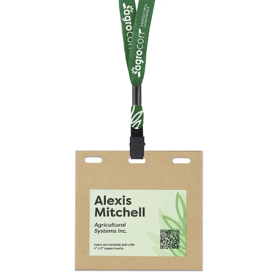 Recyclable kraft paper badge holder attached to eco friendly lanyard